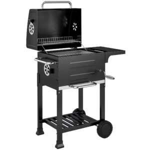Kompakt kulgrillvogn med låg, termometer, grillrist, sidebord, askeskuffe og ventilationsåbninger.