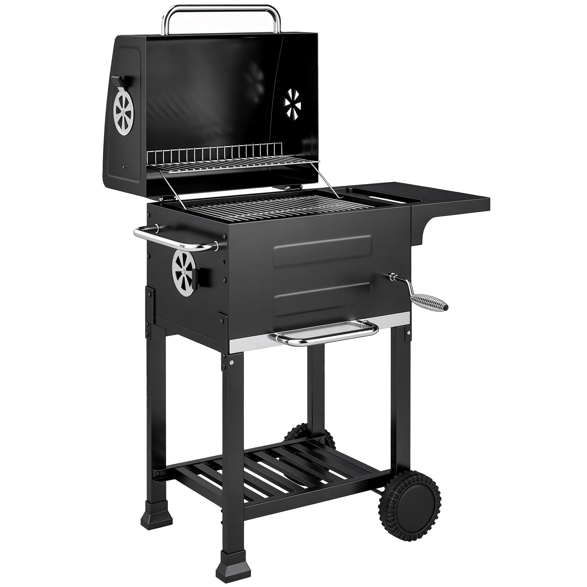 Kompakt kulgrillvogn med låg, termometer, grillrist, sidebord, askeskuffe og ventilationsåbninger.