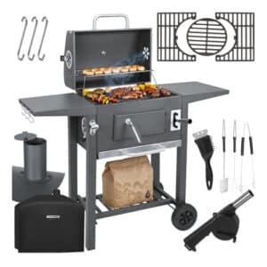 Kulgrill med Låg, Termometer og Støbejernsriste Inkl. Overtræk & Grilltilbehør