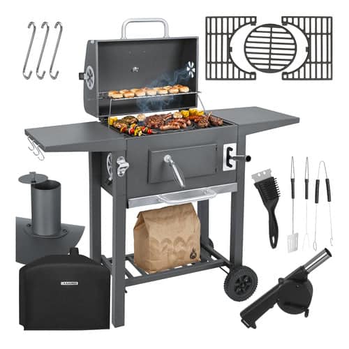 Kulgrill med Låg, Termometer og Støbejernsriste Inkl. Overtræk & Grilltilbehør